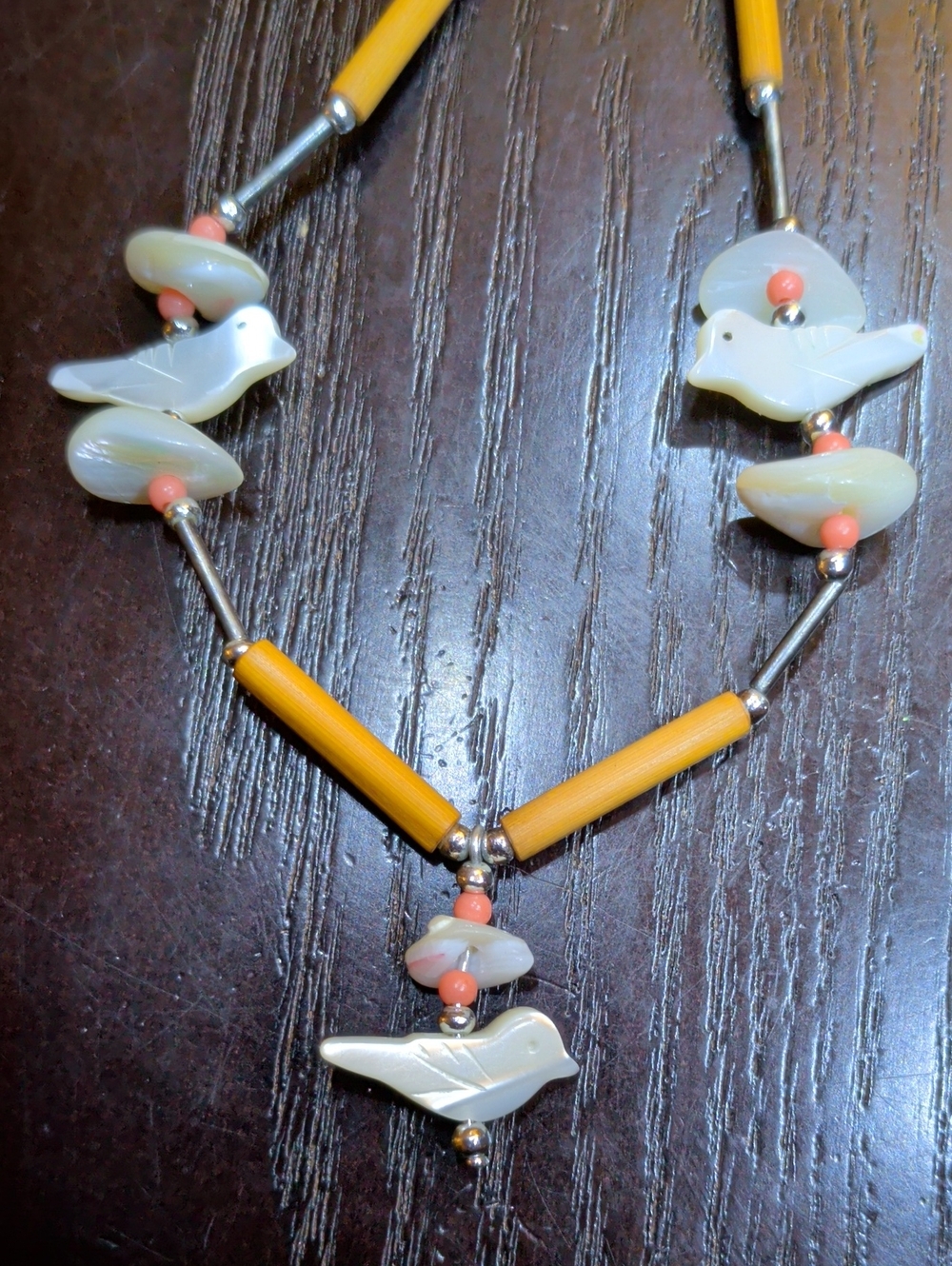 Native American Zuni Style Mother Of Pearl, Coral Beads, Bamboo Fetish Necklace